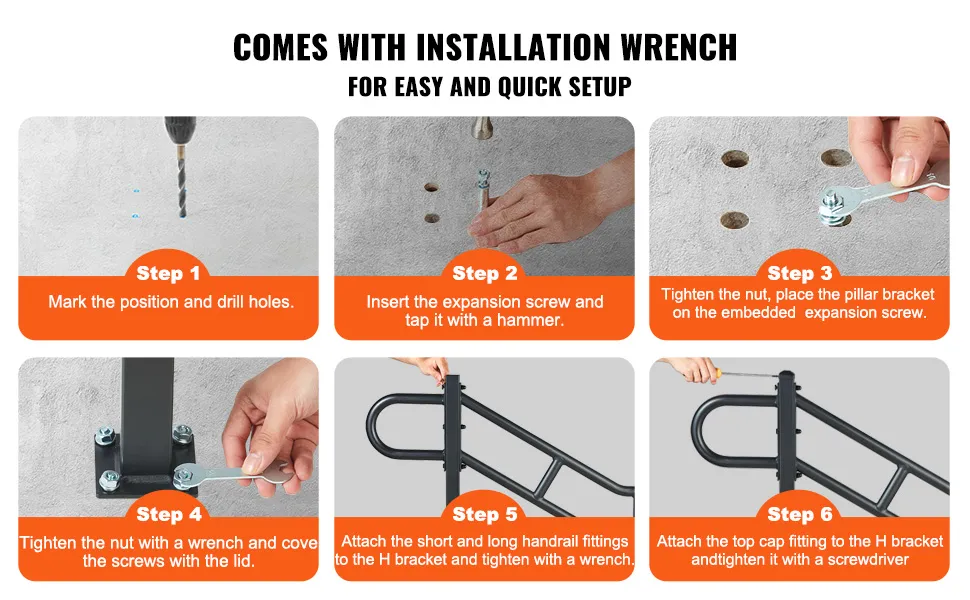 steps to install VEVOR stair handrail with provided wrench, showing drilling, screw insertion, and tightening.