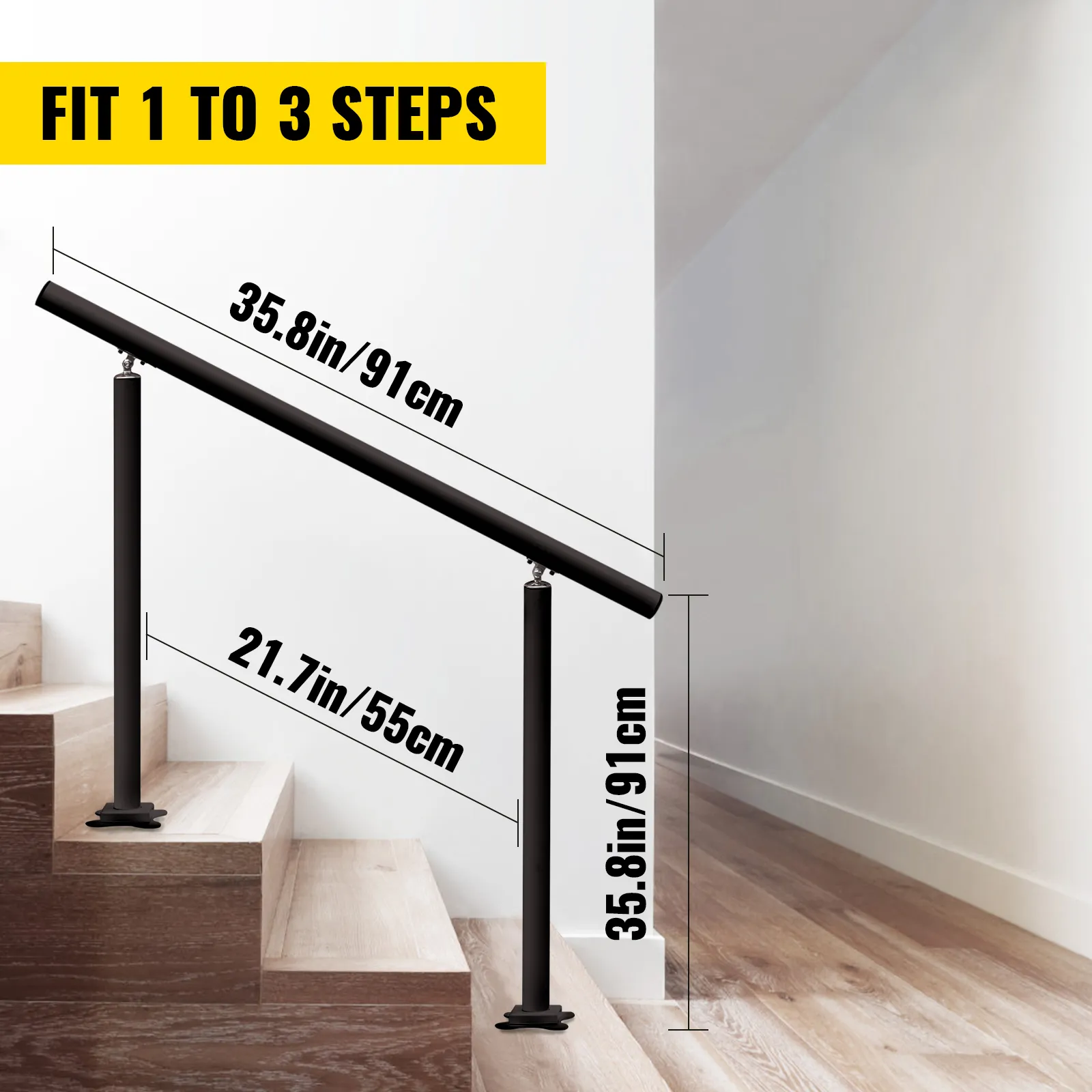 VEVOR outdoor stair railing for 1 to 3 steps, 91cm height, black.