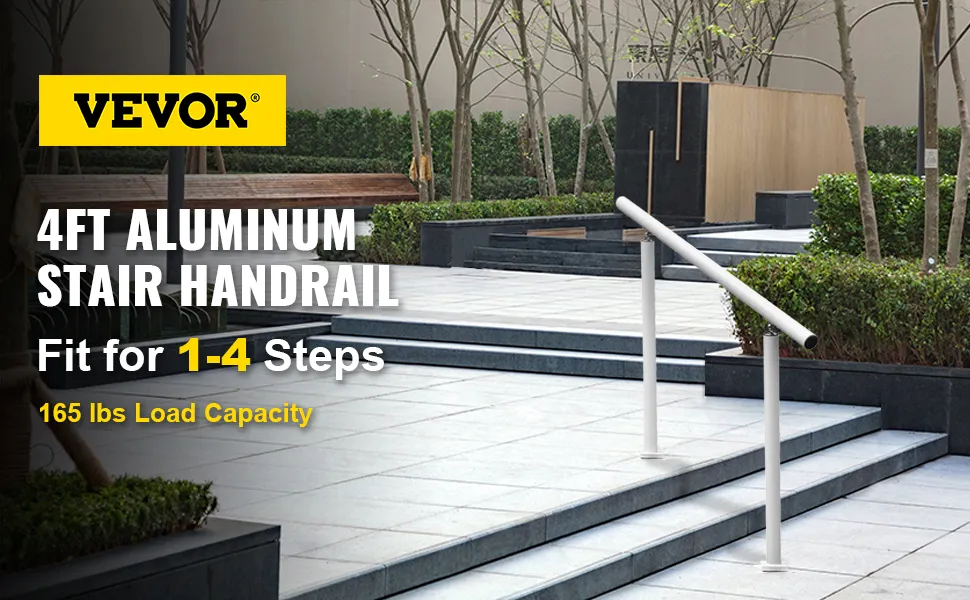 VEVOR outdoor stair railing kit for 1-4 steps with 165 lbs load capacity installed in a garden.