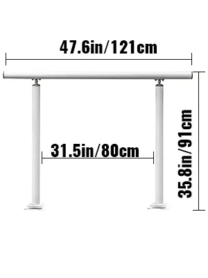 VEVOR outdoor stair railing kit: 47.6in width, 35.8in height, 31.5in post gap.