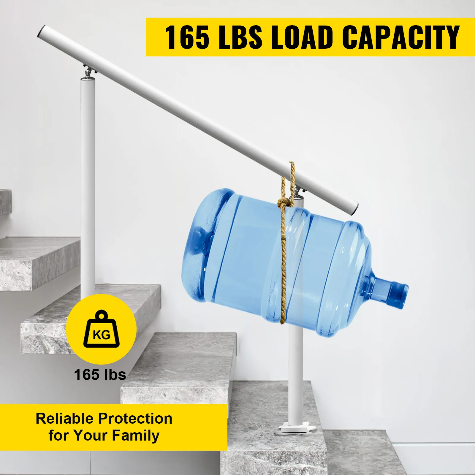 VEVOR outdoor stair railing kit with 165 lbs load capacity restricting large water jug.