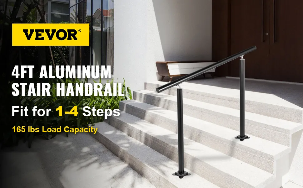 Barandilla de escalera para exterior VEVOR, aluminio negro, adecuada para 1-4 escalones, diseño moderno.