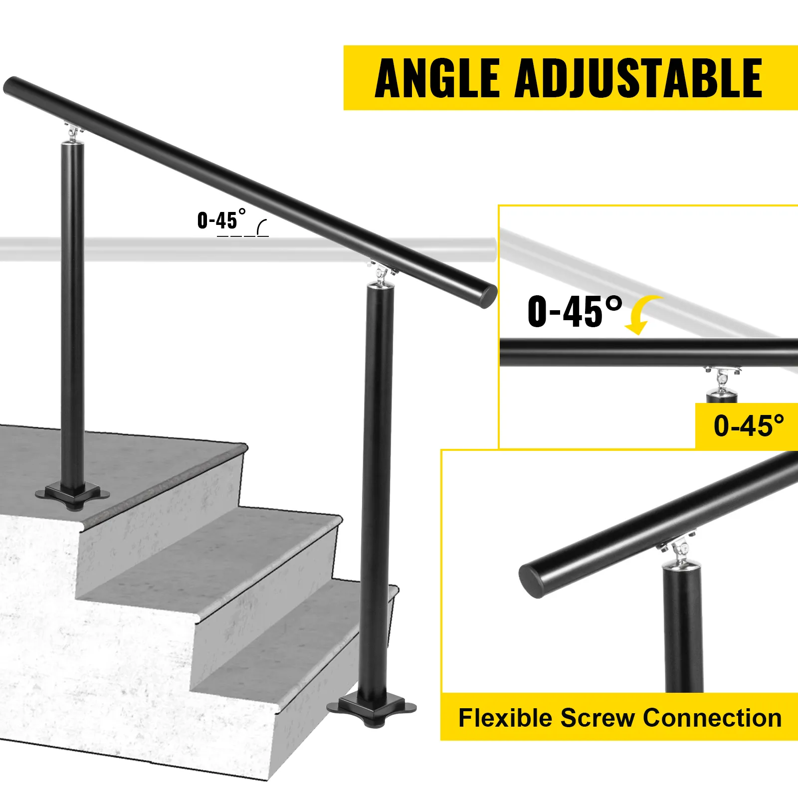 Barandilla de escalera exterior ajustable VEVOR con flexibilidad de ángulo de 0 a 45° y conexión por tornillo.