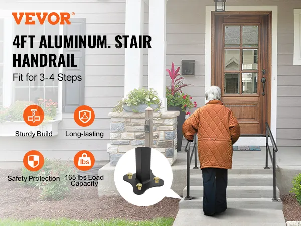 VEVOR outdoor handrail, 4ft aluminum, fits 3-4 steps, sturdy build, long-lasting.