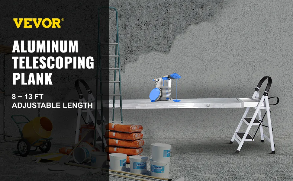 Tablón de trabajo de aluminio VEVOR con longitud ajustable en un entorno de construcción.