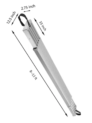 Tablón de trabajo de aluminio VEVOR, extensible, con dimensiones etiquetadas en pulgadas y pies.