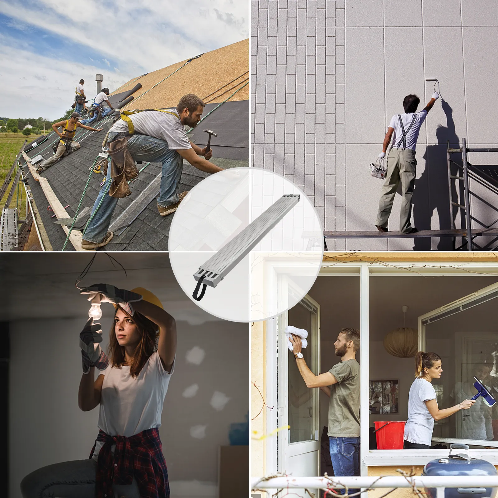 Trabajadores que utilizan la plataforma de trabajo de aluminio VEVOR para tareas de instalación y pintura de techos