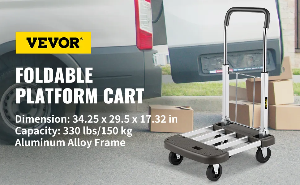 VEVOR folding hand cart beside a van, aluminum alloy frame, capacity 330 lbs, dimensions 34.25x29.5x17.32 in