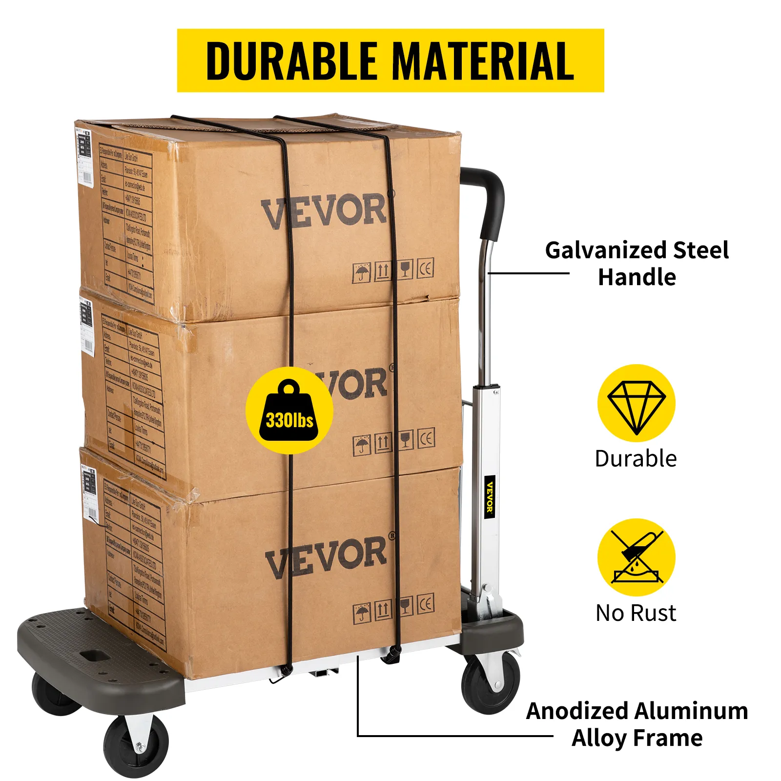 VEVOR folding hand cart with anodized aluminum frame, galvanized steel handle, and 330lbs capacity.