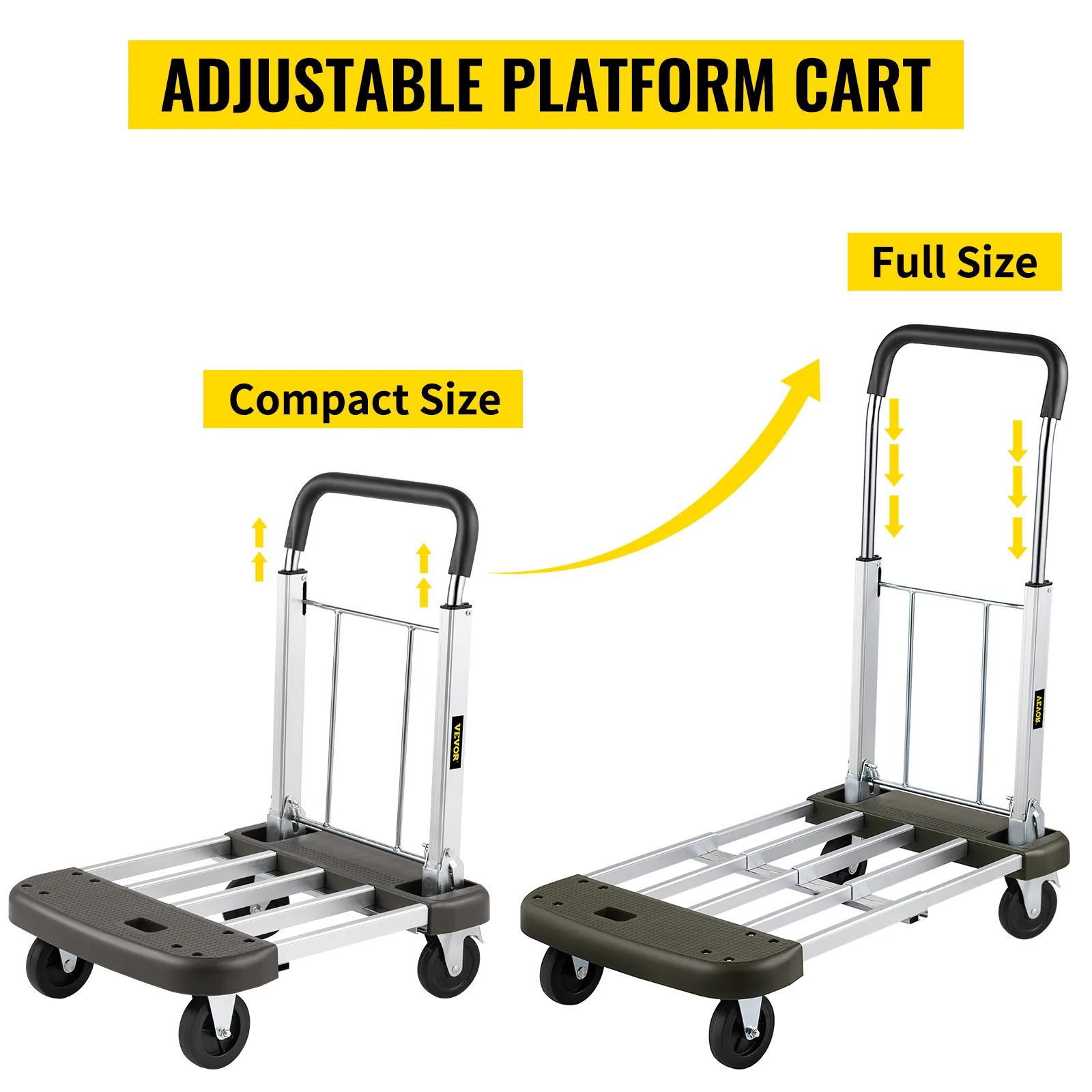 VEVOR folding hand cart showing adjustable handle in compact and full size options.