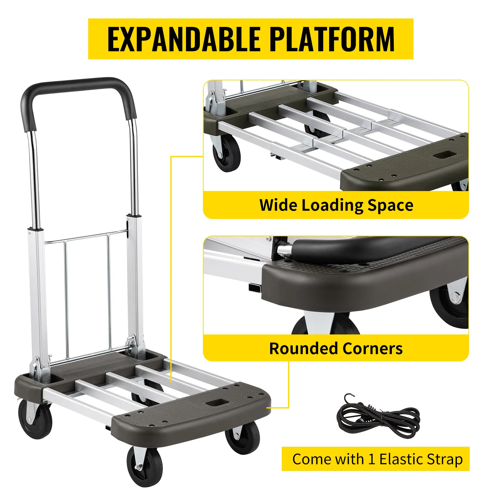 VEVOR folding hand cart with expandable platform, wide loading space, rounded corners, and 1 elastic strap.
