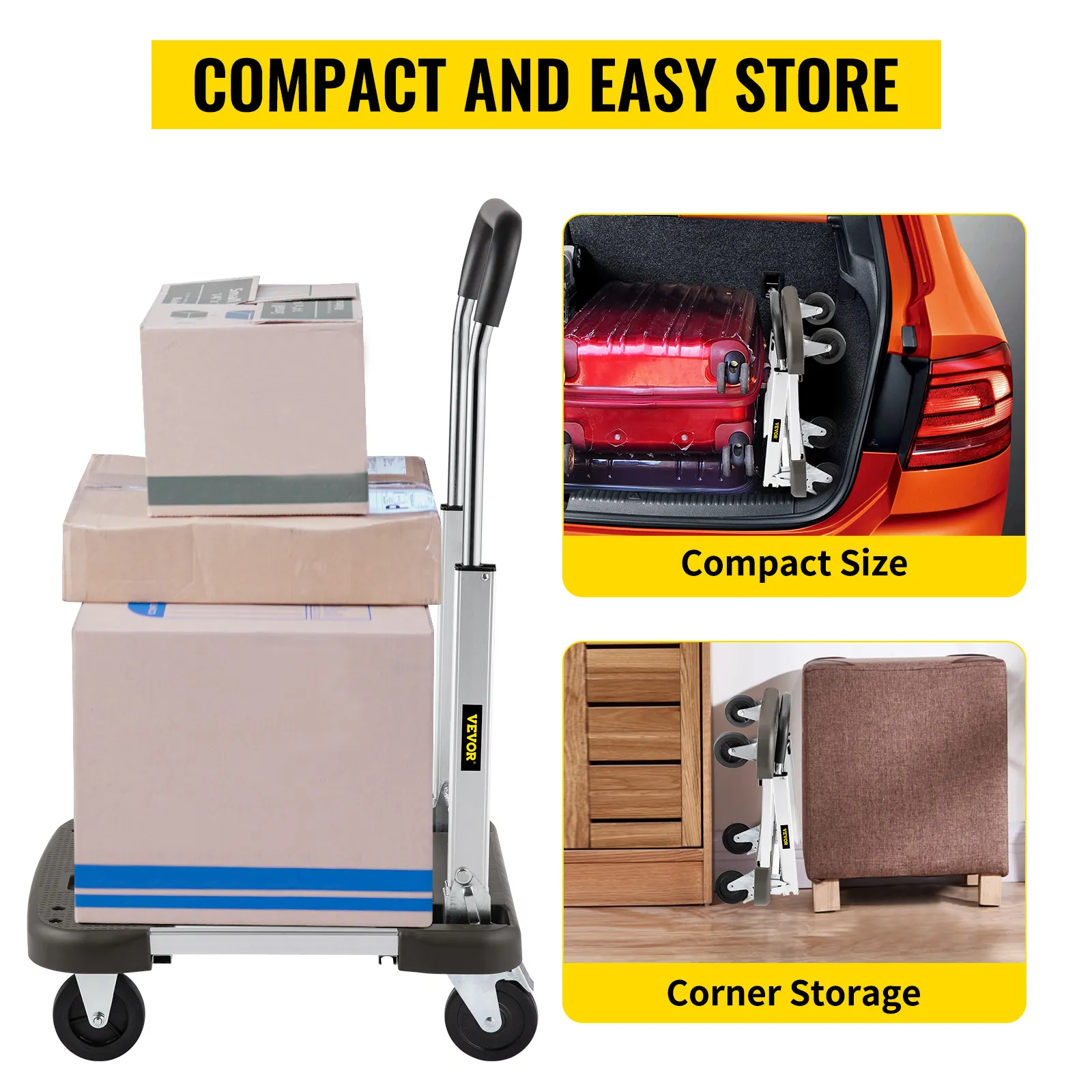 VEVOR folding hand cart with sturdy boxes, compact size for car trunks, and easy corner storage at home.