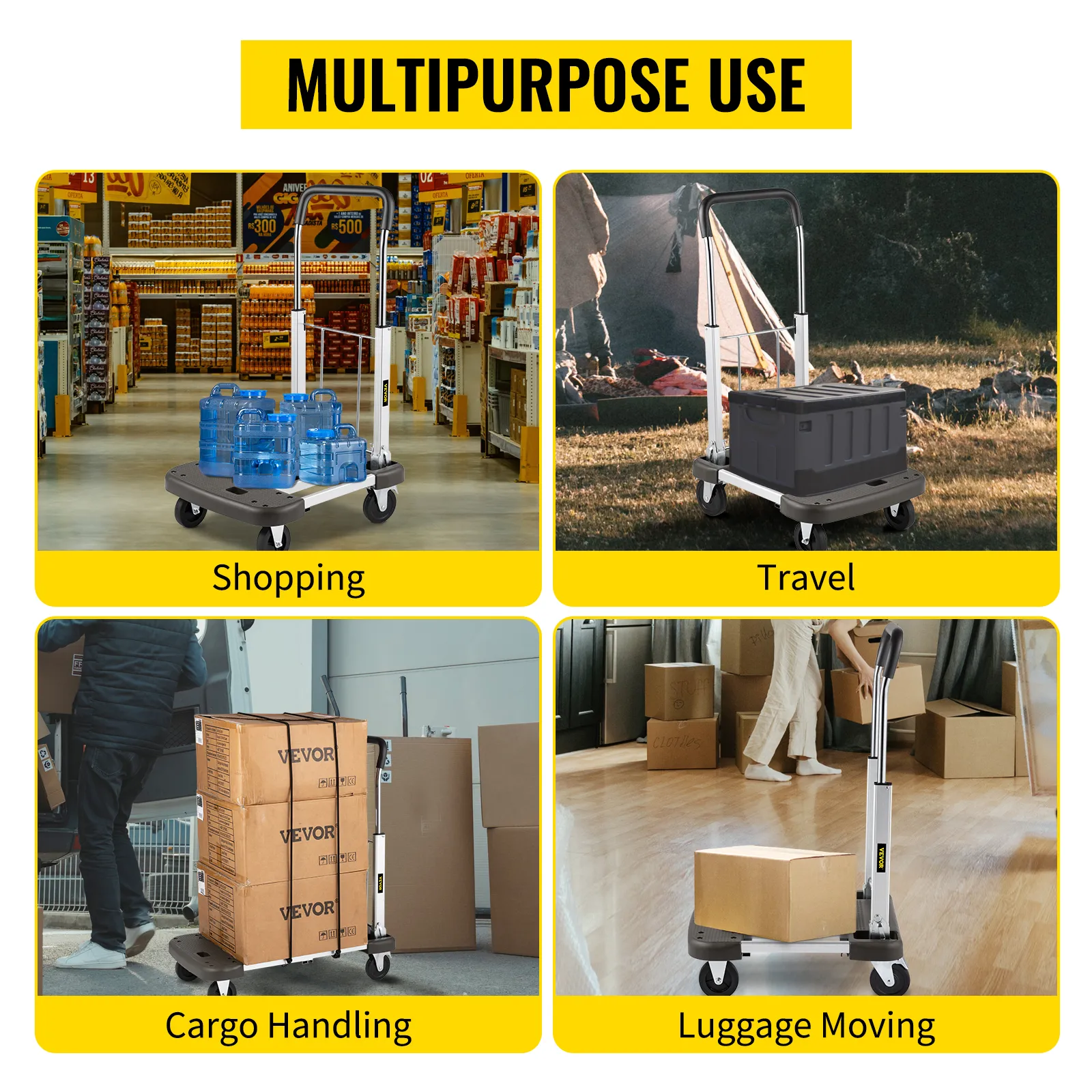 VEVOR folding hand cart for shopping, travel, cargo handling, and luggage moving. multipurpose use.