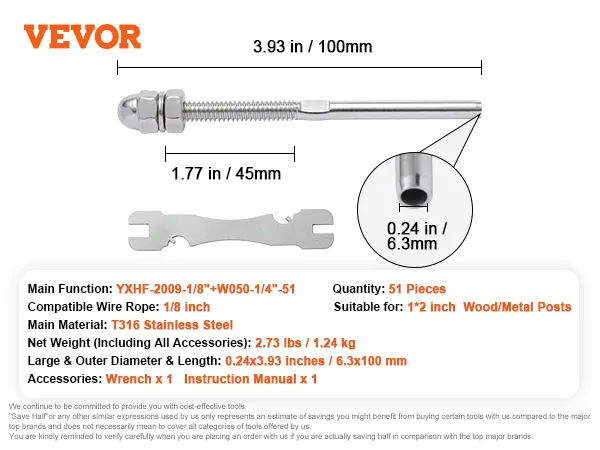 VEVOR cable railing tensioner, 3.93x1.77 inches, t316 stainless steel, includes wrench and manual.