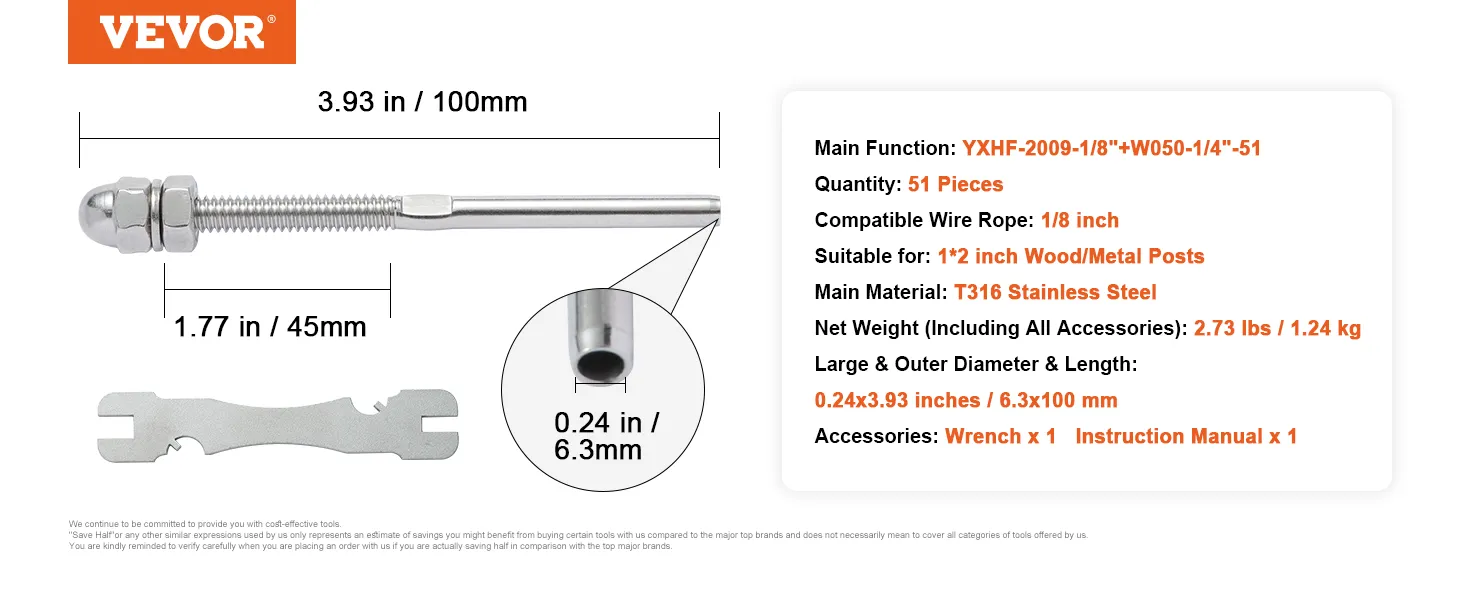 VEVOR cable railing tensioner, 3.93x1.77 inches, t316 stainless steel, includes wrench and manual.