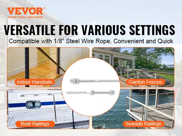 VEVOR cable railing tensioner for indoor handrails, garden fences, boat railings, and seaside railings.