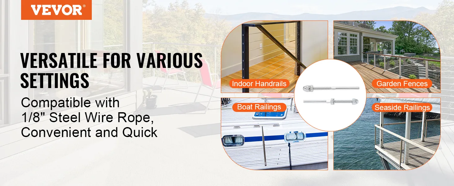 VEVOR cable railing tensioner for indoor handrails, garden fences, boat railings, and seaside railings.