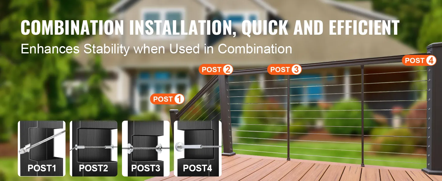 VEVOR cable railing tensioner system on a wooden deck with labeled installation posts.