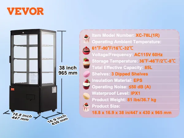 VEVOR refrigerated display case with 85l capacity, ac115v, 3 dipped shelves, 38-inch height.