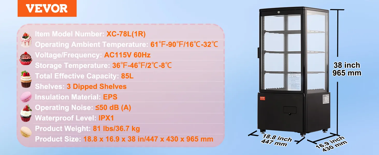 VEVOR refrigerated display case with 85l capacity, ac115v, 3 dipped shelves, 38-inch height.