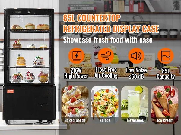 VEVOR refrigerated display case showcasing baked goods, salads, beverages, and ice cream in a café.