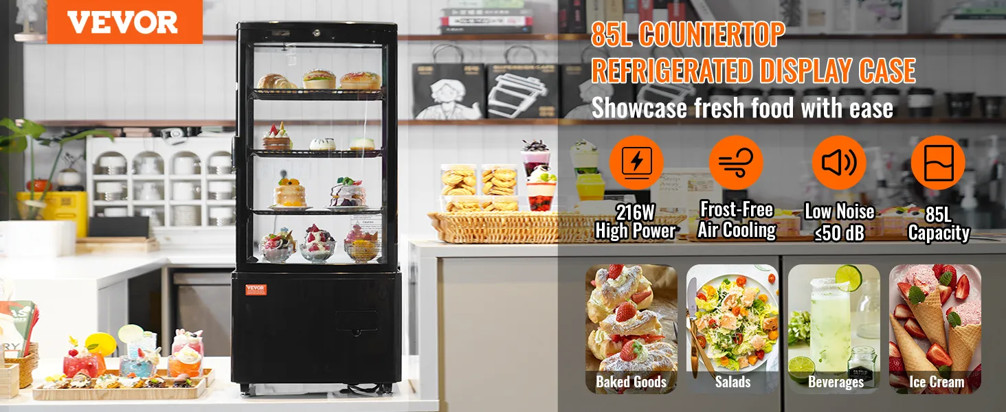 VEVOR refrigerated display case showcasing baked goods, salads, beverages, and ice cream in a café.