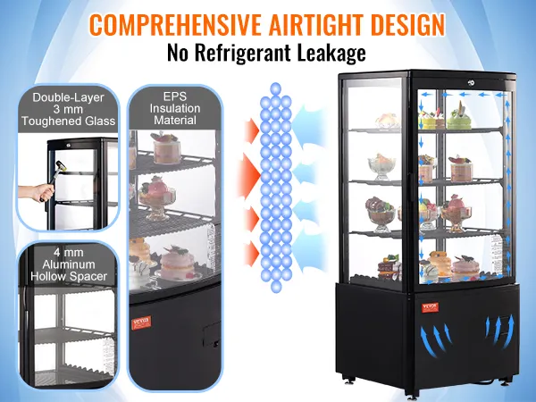 VEVOR refrigerated display case with double-layer glass, aluminum spacer, and airtight design for no refrigerant leakage.