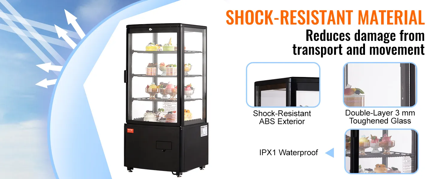 VEVOR refrigerated display case with shock-resistant abs, double-layer 3mm glass, and ipx1 waterproofing.