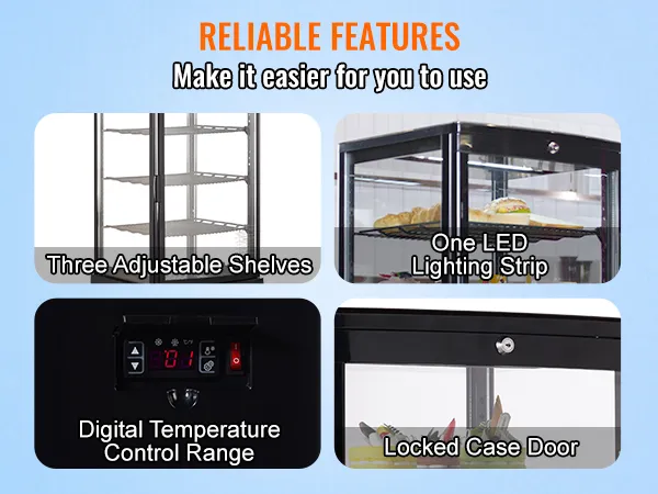 VEVOR refrigerated display case with adjustable shelves, digital control, led lighting, and locked door.