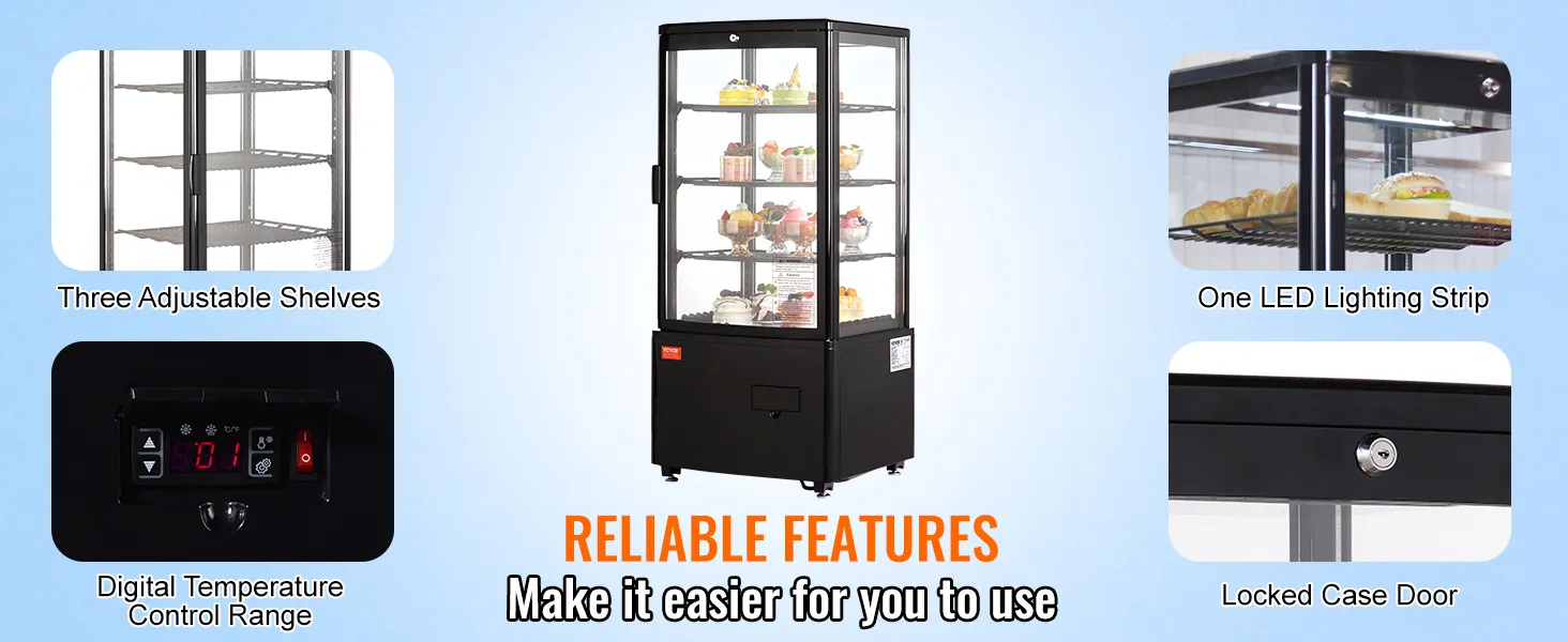 VEVOR refrigerated display case with adjustable shelves, digital control, led lighting, and locked door.