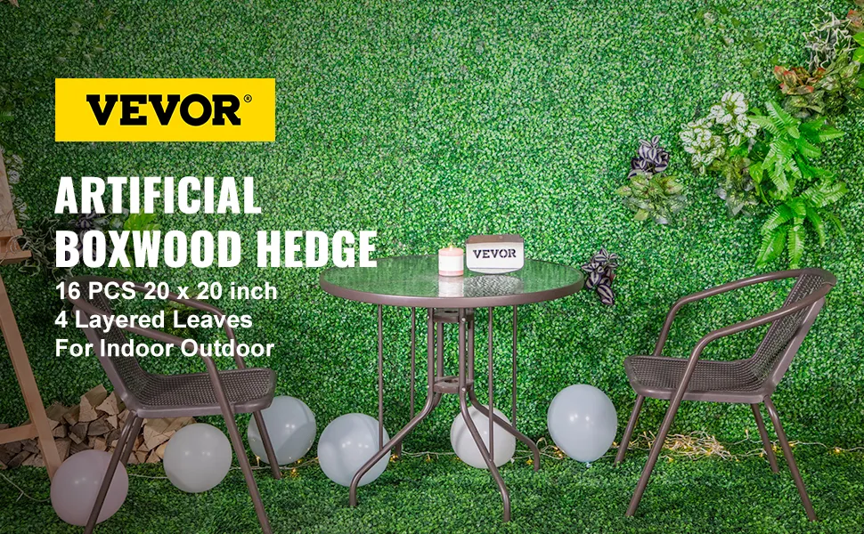 VEVOR boxwood panels on a patio with a table, chairs, and decorative balloons.