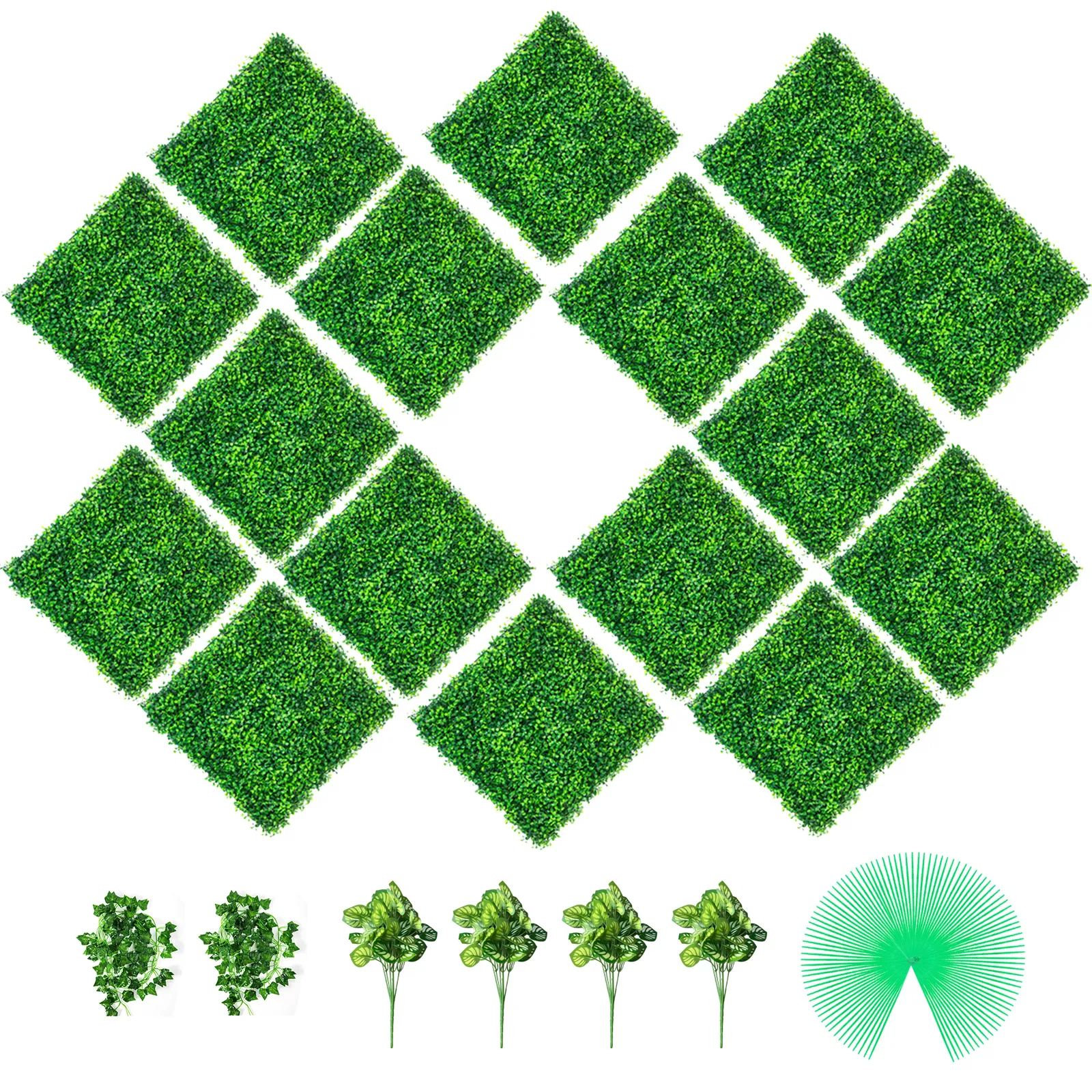 VEVOR boxwood panels arranged in a diamond pattern with additional greenery and ties.