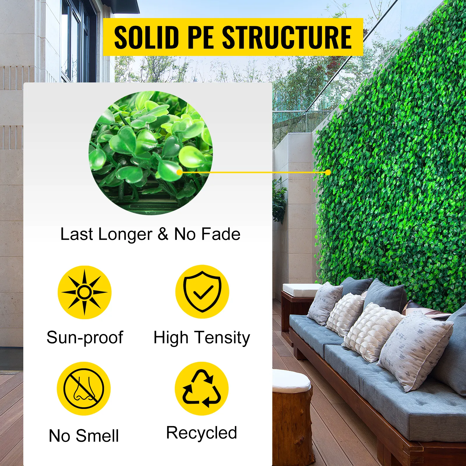 VEVOR boxwood panels with solid pe structure and benefits like sun-proof, no fade, and recycled.