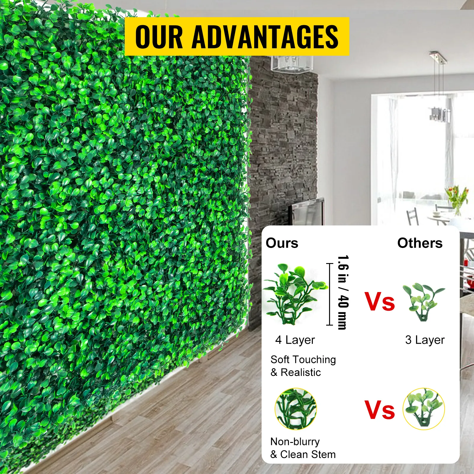 VEVOR boxwood panels with 4-layer design for a realistic and soft-touch appearance.