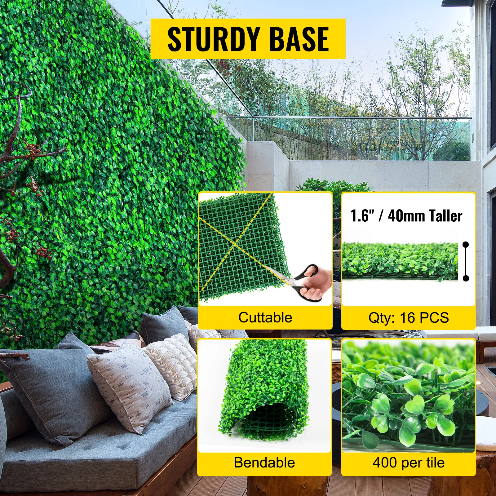 VEVOR boxwood panels: bendable, cuttable, and taller base for outdoor decor.