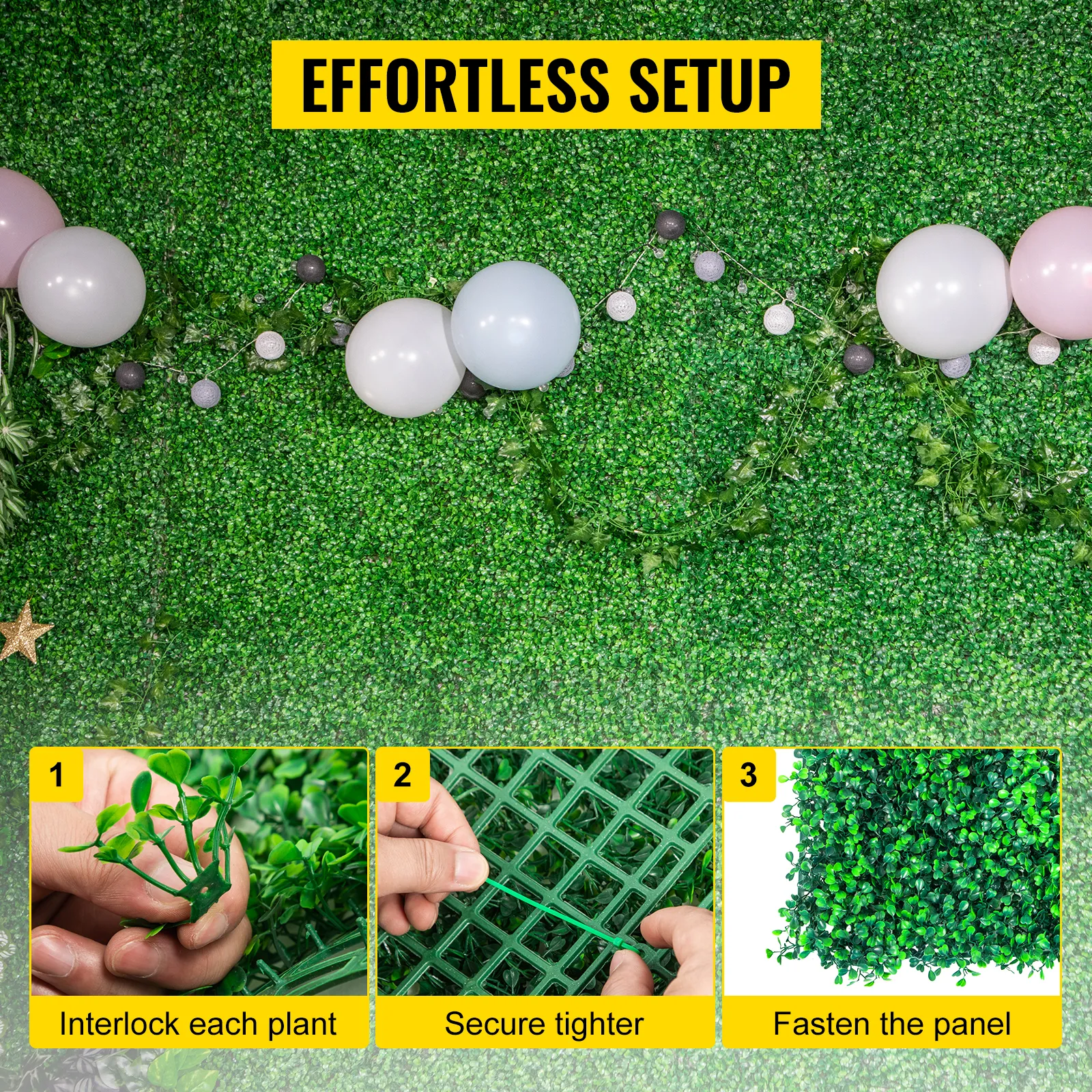 effortless setup of VEVOR boxwood panels with balloons and greenery backdrop.