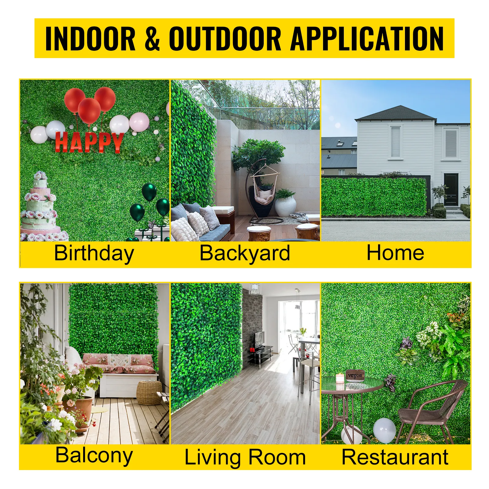 VEVOR boxwood panels for birthday, backyard, home, balcony, living room, and restaurant.