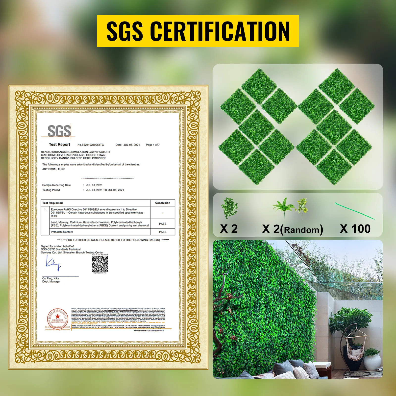 sgs certification for VEVOR boxwood panels with components and a patio setup.