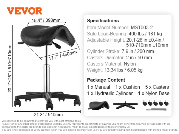 VEVOR saddle stool assembly kit with adjustable height, ergonomic cushion, and nylon casters.