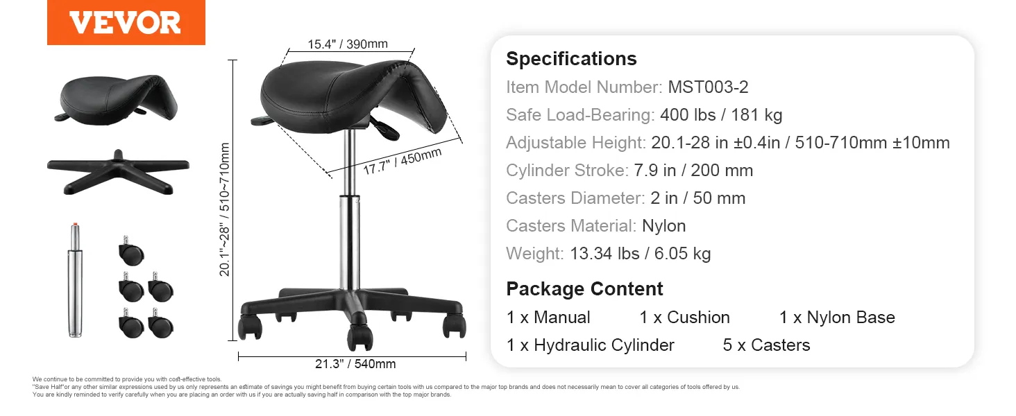 VEVOR saddle stool assembly kit with adjustable height, ergonomic cushion, and nylon casters.
