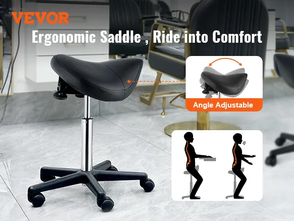 VEVOR saddle stool, ergonomic design, adjustable angle, black finish, enhances comfort in workspace.