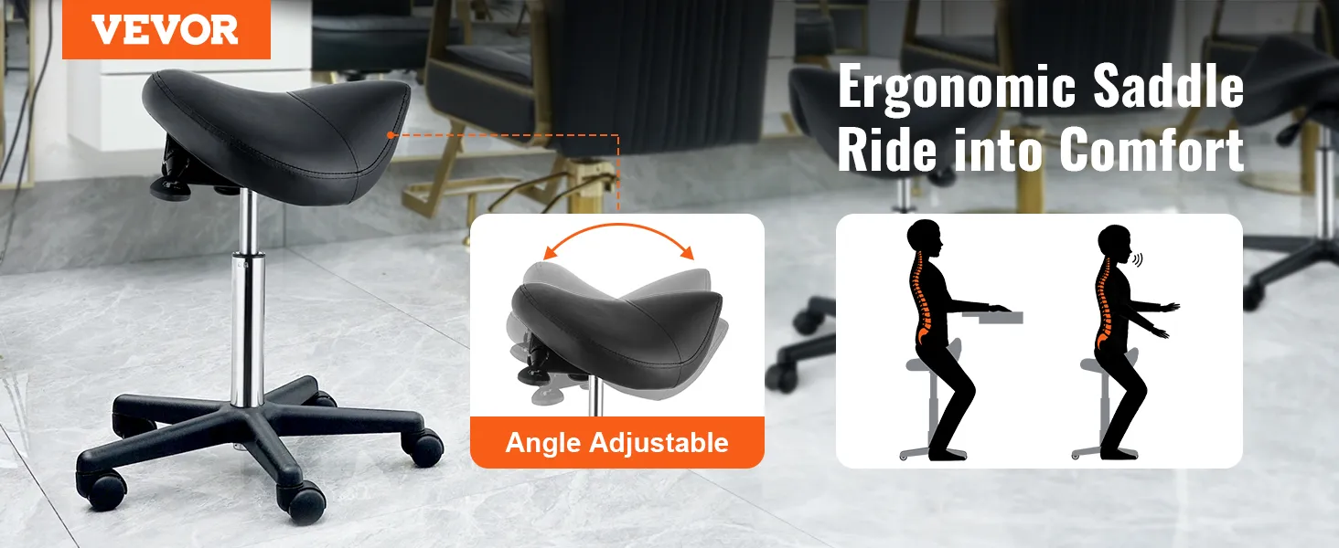 VEVOR saddle stool, ergonomic design, adjustable angle, black finish, enhances comfort in workspace.