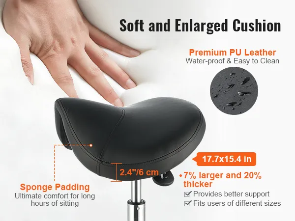 soft and enlarged cushion of VEVOR saddle stool with premium pu leather for waterproof and easy cleaning.