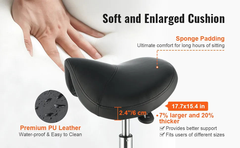 soft and enlarged cushion of VEVOR saddle stool with premium pu leather for waterproof and easy cleaning.