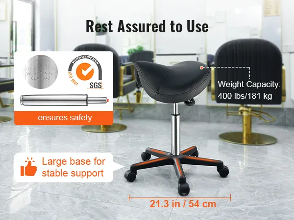 VEVOR saddle stool in a salon with text highlighting safety certification, stability, and 400 lbs weight capacity.