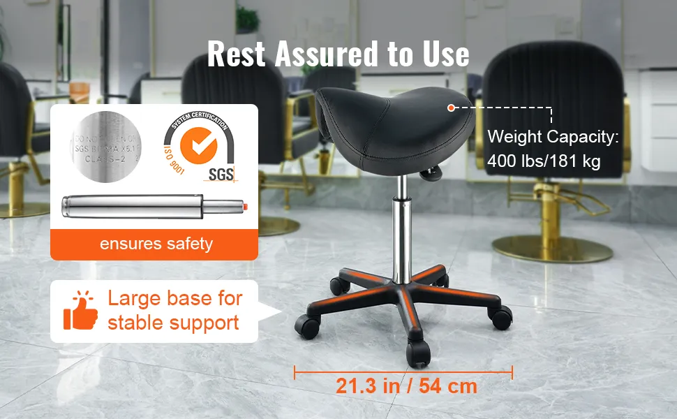 VEVOR saddle stool in a salon with text highlighting safety certification, stability, and 400 lbs weight capacity.