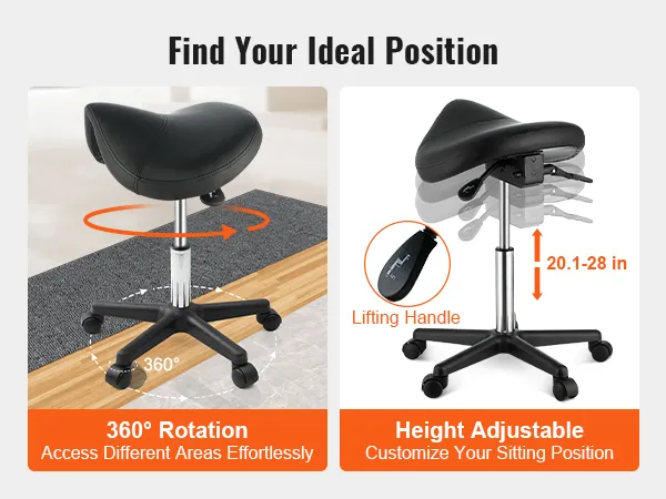 VEVOR saddle stool with 360° rotation and height adjustment from 20.1 to 28 inches.