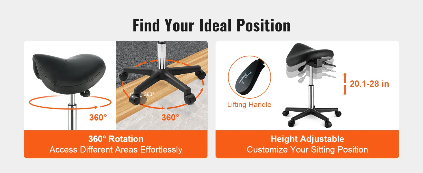 VEVOR saddle stool with 360° rotation and height adjustment from 20.1 to 28 inches.