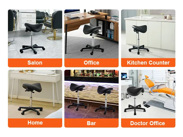 VEVOR saddle stool in salon, office, kitchen counter, home, bar, and doctor office settings.