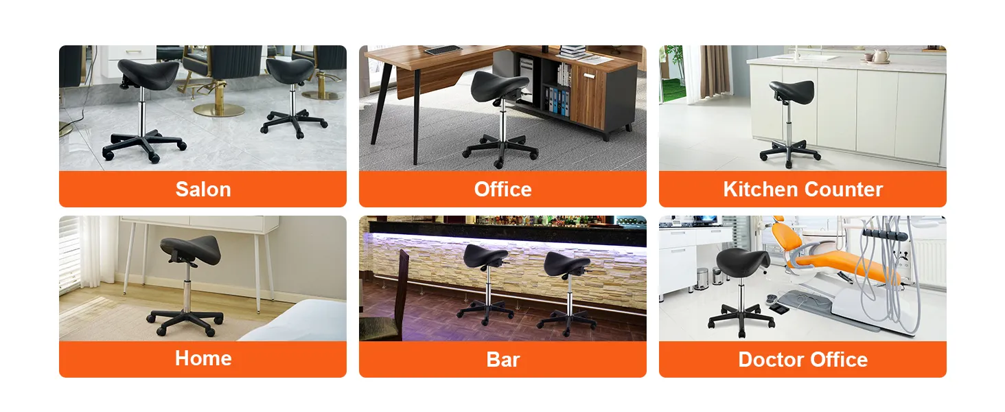 VEVOR saddle stool in salon, office, kitchen counter, home, bar, and doctor office settings.